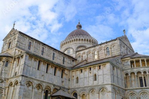 piazza dei miracoli city. Duomo di Pisa from beneath across the blue sky closeup. Square of miracles/piazza dei miracoli, Italy