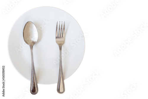 silverware spoon and folk with white dish isolated on white background