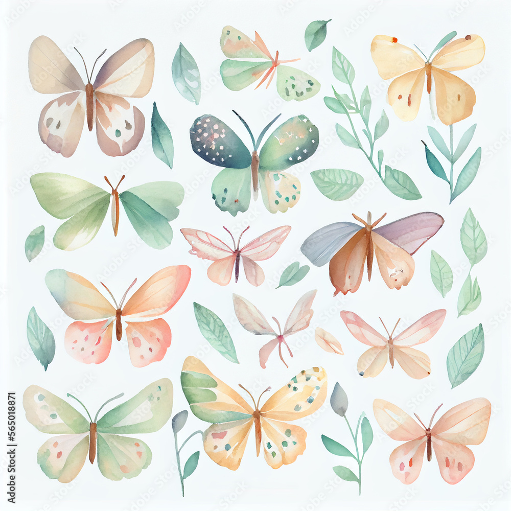 Watercolor painting generative Ai illustration of a background with butterflies