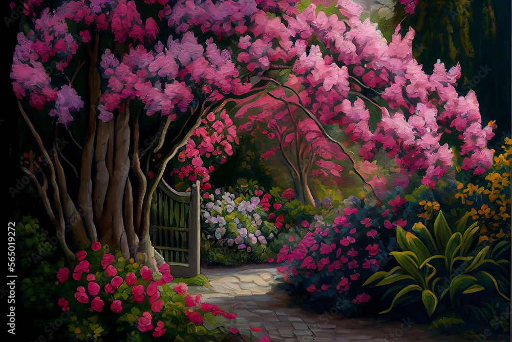 Naklejka premium Oil painting art poster, generative Ai of flowers in the garden