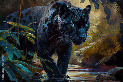 Oil painting art poster, generative Ai of black panther in the night