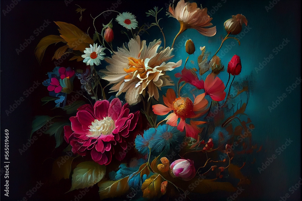 Oil painting art poster, generative Ai of background with flowers Oil painting art poster, generative Ai of background with flowers