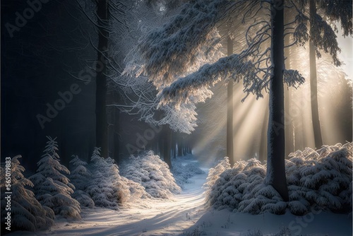 sunrise in winter forest , ai generated © dasom