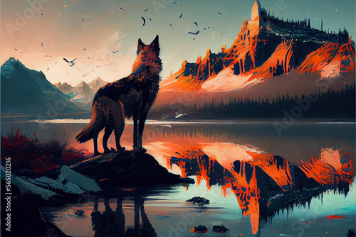 Oil painting art poster, generative Ai of a wolf howling at sunset