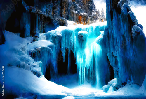 Frozen waterfall background, winter ladscape, river, snow, ice. Generative AI