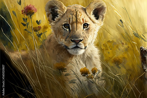 baby lion in the grass , ai generated