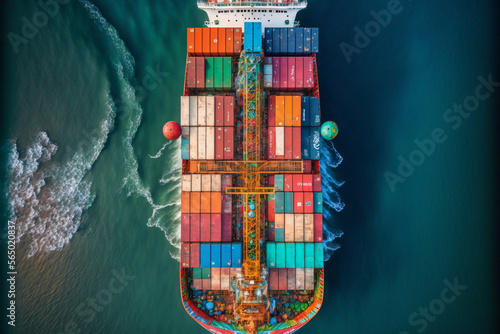 Ship with colorful containers seen from above. Generative Ai. 