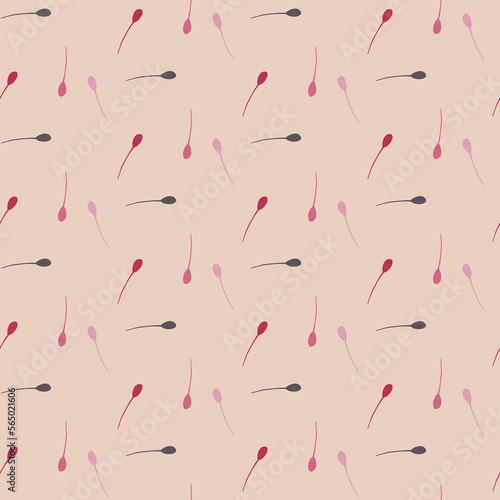 Seamless pattern of scattered leaves and stems on a pale coral background 