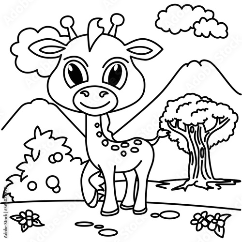 Funny giraffe cartoon characters vector illustration. For kids coloring book.