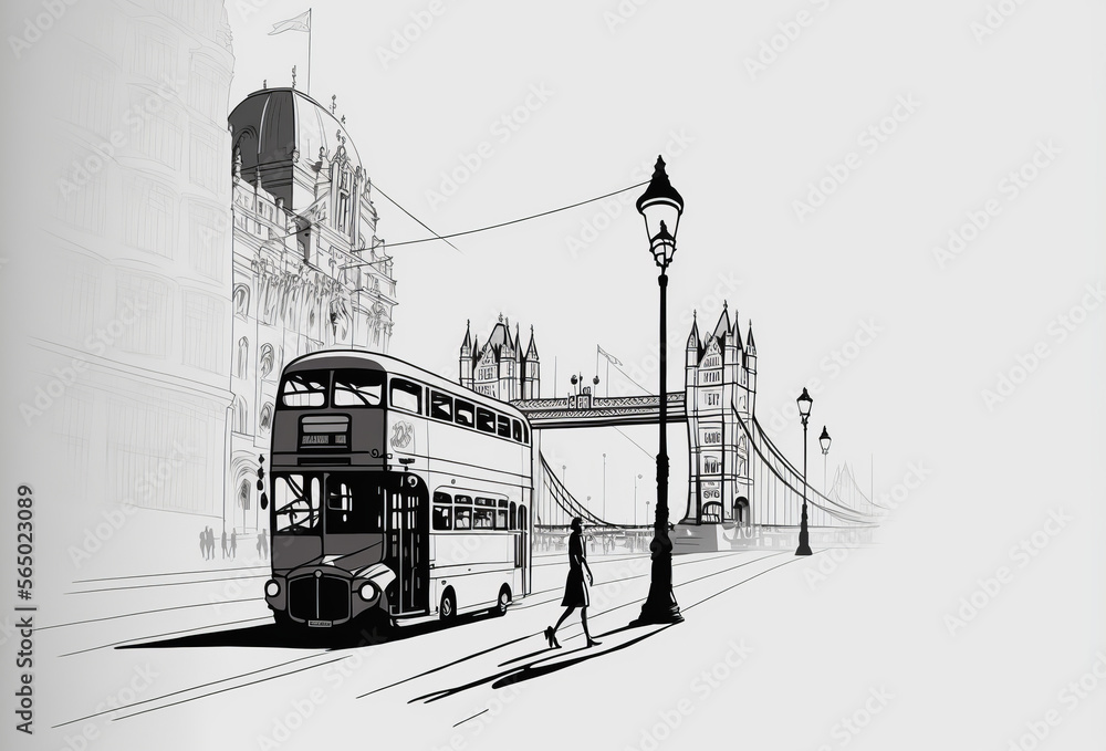 Fototapeta premium View of London city in a hand drawn sketch style. Generative ai