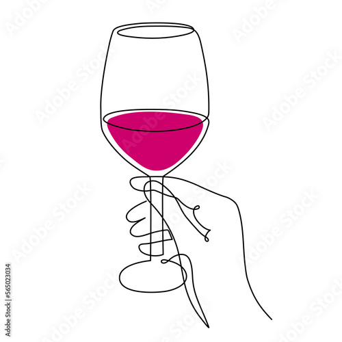 Hand drawn hand holds wine glass one line art,continuous drawing contour.Cheers toast festive decoration for holidays,romantic Valentine's Day design.Editable stroke. Isolated.Vector illustration