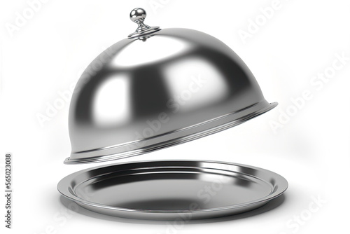 An elegant silver tray, topped with a bell-shaped cloche, restaurant service, horeca