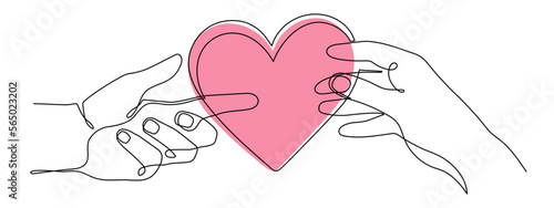 Hands with heart one line art,love concept continuous contour drawing,hand-drawn Valentine's day decoration.Romance, engagement and marriage symbol. Editable stroke.Isolated.Vector illustration