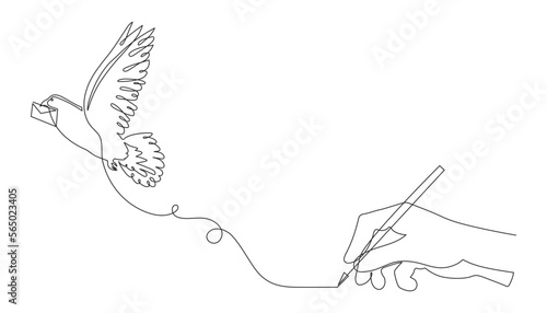 Homing-pigeon carries handwritten letter, one line art continuous contour. Hand drawn dove with message, doodle bird correspondence delivery concept.Editable stroke.Isolated.Vector illustration