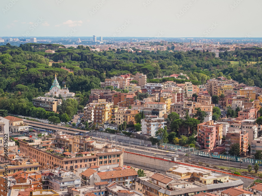 Cityscape of Rome and stormy, cloudy sky. Storm is coming. Rainy day in Capital of Italy. Panoramic view.