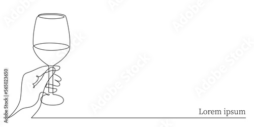 Hand drawn hand holds wine clinking glass one line art,continuous drawing contour.Cheers toast festive decoration for holidays,romantic Valentine's Day design.Editable stroke. Isolated.Vector