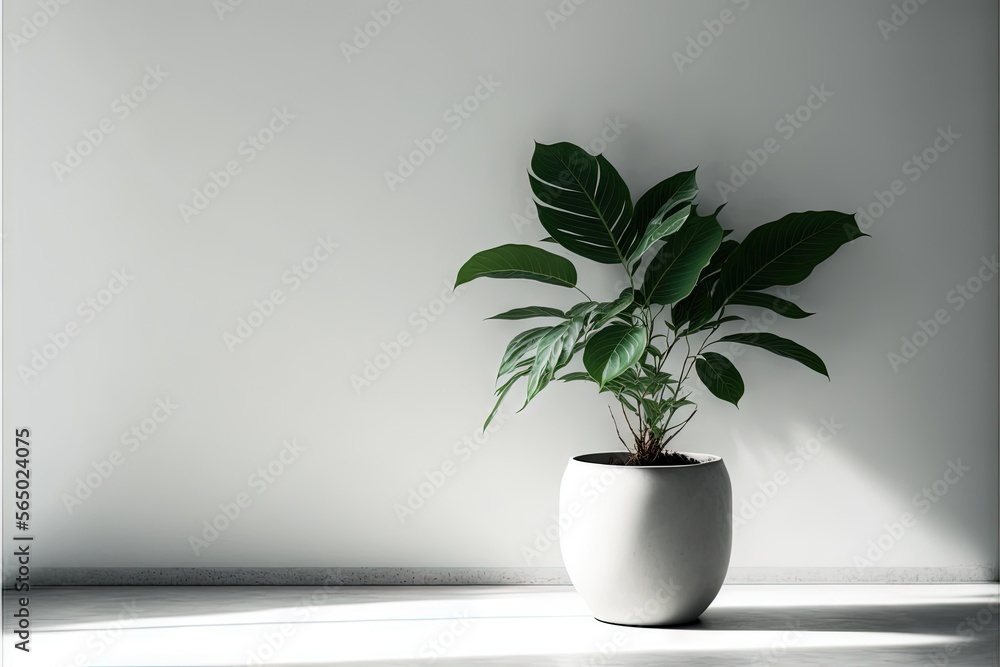 a plant in a white pot on a white table with a white wall behind it and a shadow of a plant on the wall behind it. generative ai a plant in a white pot on a white table with a white wall behind it and a shadow of a plant on the wall behind it. generative ai