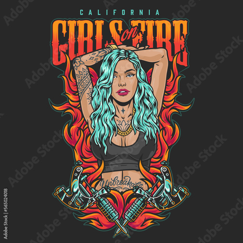 Tattoo fiery girl colorful flyer