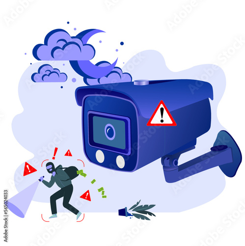 Concept illustration of a security camera that detects thieves at night. Thief caught on CCTV camera icon.