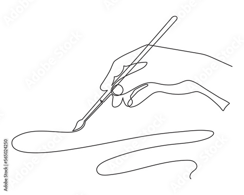 Hand holds painting brush, one line art template, hand drawn continuous contour.Palm with fingers drawing concept.Editable stroke.Isolated. Vector illustration