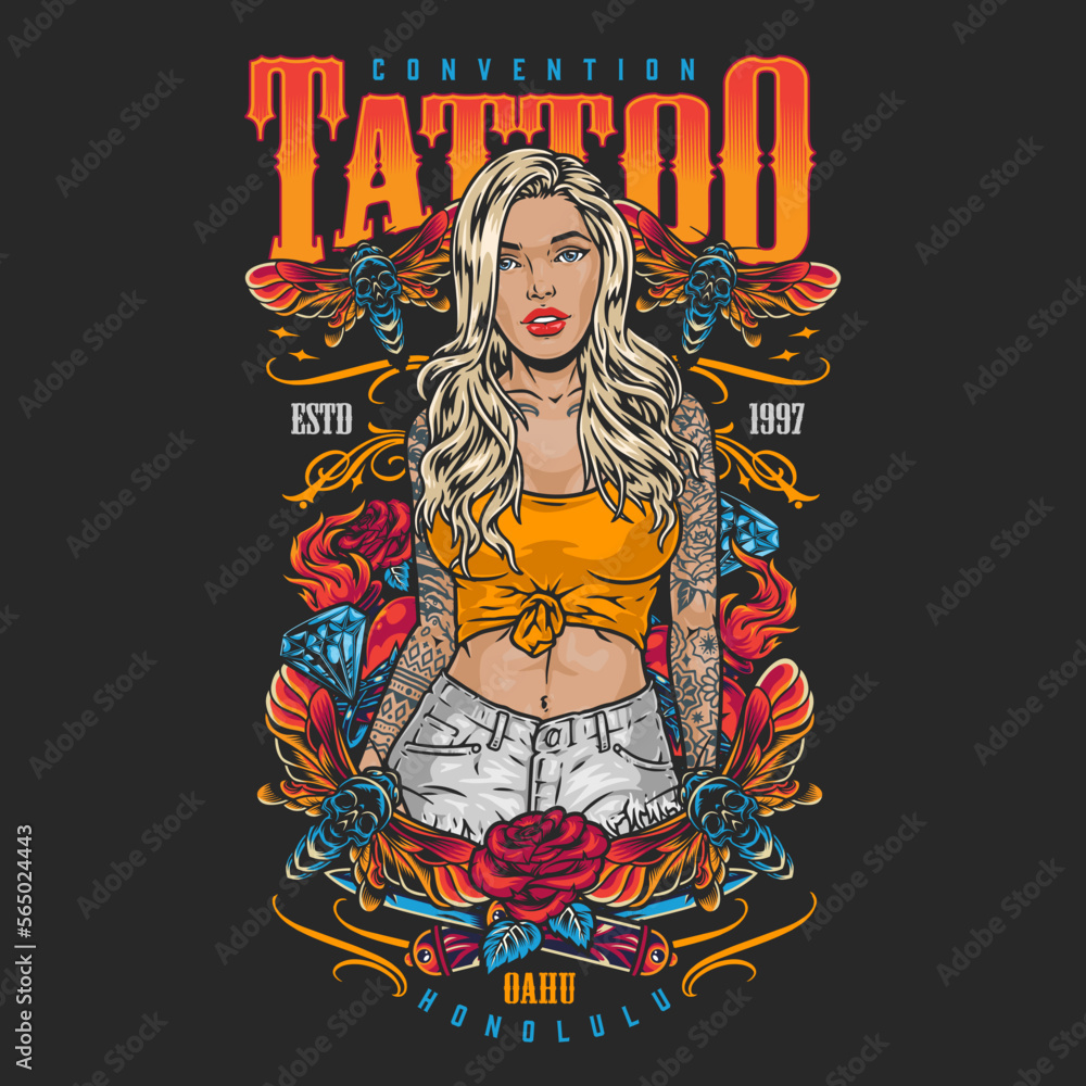 Tattooed blonde woman flyer colorful Tattooed blonde woman flyer colorful