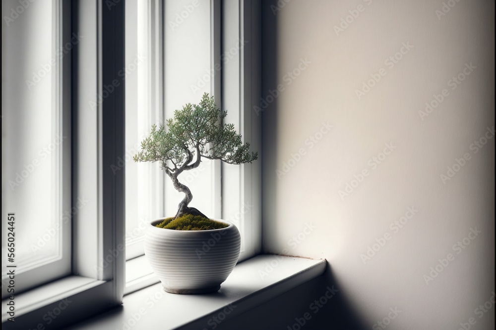 a bonsai tree in a white vase on a window sill with a white wall behind it and a white wall behind it, and a white wall, white, white, painted. generative ai a bonsai tree in a white vase on a window sill with a white wall behind it and a white wall behind it, and a white wall, white, white, painted. generative ai
