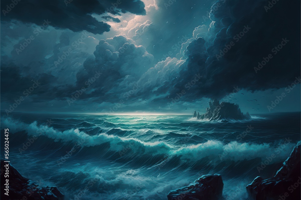 Stormy Beach Background, Crashing Waves, Concept Art, Digital Illustration, Generative AI