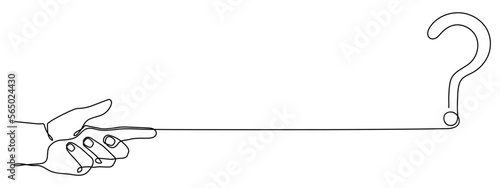 Hand holds question mark one line art, hand drawn asking sign, idea continuous contour. Query FAQ concept, finding answer. Editable stroke. Isolated. Vector illustration