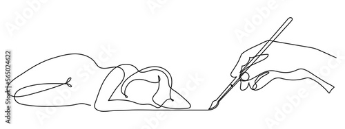 Hand holds brush painting naked woman, one line art template, hand drawn continuous contour.Drawing female body concept.Editable stroke.Isolated. Vector illustration