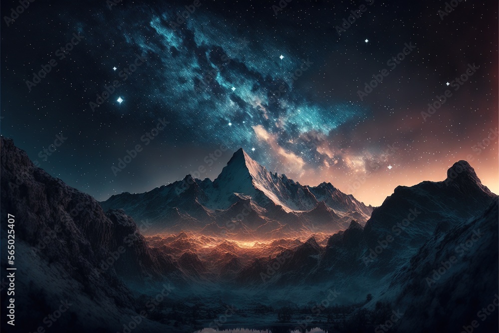 a mountain range with a lake below it and a sky filled with stars above it and a few clouds above it, and a few mountains below. generative ai a mountain range with a lake below it and a sky filled with stars above it and a few clouds above it, and a few mountains below. generative ai