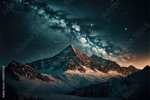  a mountain with a night sky filled with stars and a milky filled sky above it and a mountain range with snow on the top and below. generative ai