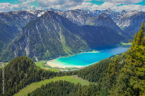 View from the summit of Rofan  turquoise Achensee near Maurach  Austria  Europe