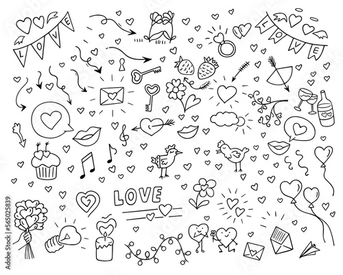 Love doodle set  hand-drawn romantic design elements. Passionate feelings festive decoration for Valentine s Day  drawing by ink  pen marker.Isolated.Vector