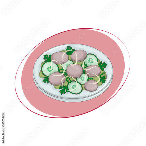 Mexican seafood dish - Aguachile. Mushrooms with cucumbers, onions and lime juice. Vector illustration. Cartoon.