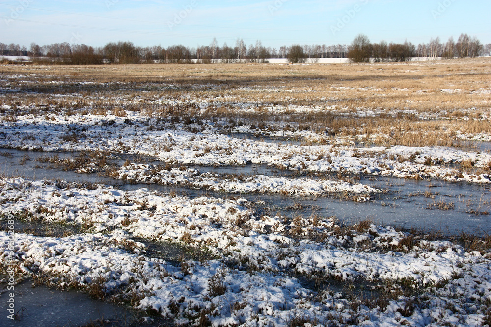 Winter sunny day. The thawing snow formed pools in the field. The night frost held down them ice.