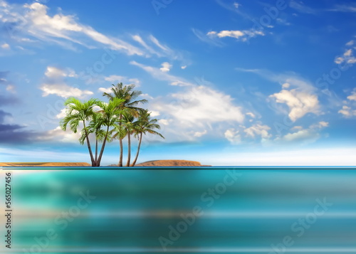 Fototapeta Naklejka Na Ścianę i Meble -   Tropical  palm trees seascape blure  green sea water and  white clouds on sky nature landscape