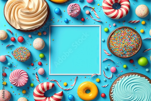  a blue background with a frame surrounded by various desserts and candies, including donuts, sprinkles, and candy. generative ai