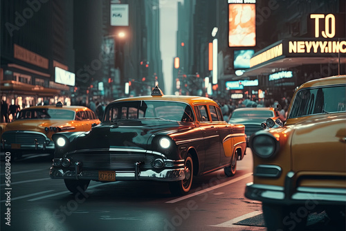  a busy city street filled with lots of traffic and tall buildings with neon signs on top of them and a taxi cab driving down the street.  generative ai