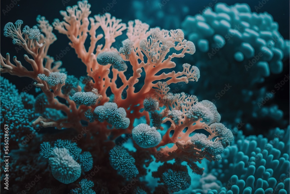 a close up of a coral with many corals on it's sides and a blue background with bubbles of water on the bottom. generative ai a close up of a coral with many corals on it's sides and a blue background with bubbles of water on the bottom. generative ai