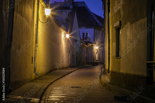 Vilnius old town street illuminated at night  Lithuania  Baltics