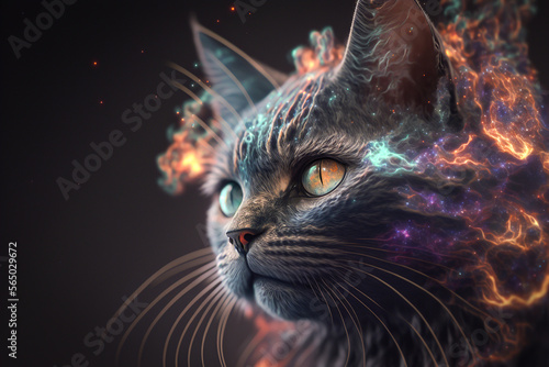 Fantasy cat head, double exposure with cosmic lights. Created with Generative AI technology.