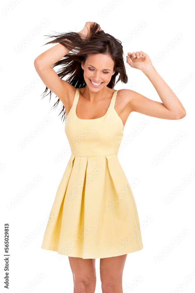 Portrait of an overwhelmed young woman posing in a yellow dress holding her hair with both her hands isolated on a PNG background.