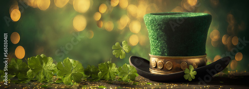 Fotografia Banner with Shiny green hat, gold coins and clover leaves