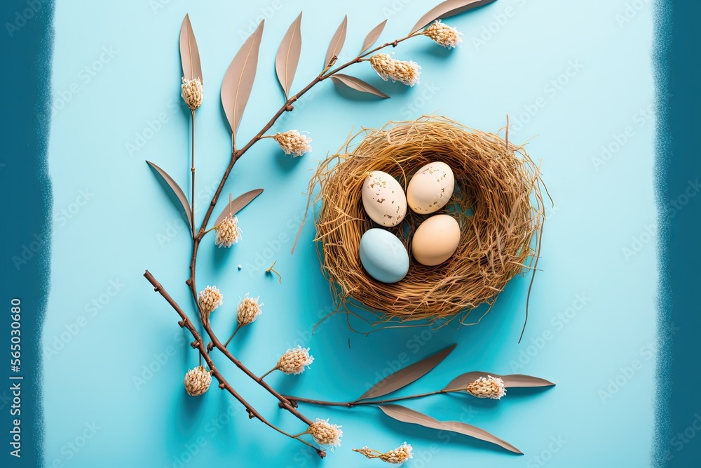a nest with eggs and flowers on a blue background with a branch of a plant and leaves on the side of the nest is a blue background. generative ai a nest with eggs and flowers on a blue background with a branch of a plant and leaves on the side of the nest is a blue background. generative ai