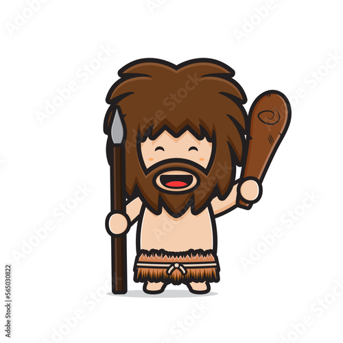 Cute primitive caveman holding cudgel and spear cartoon icon clip art illustration