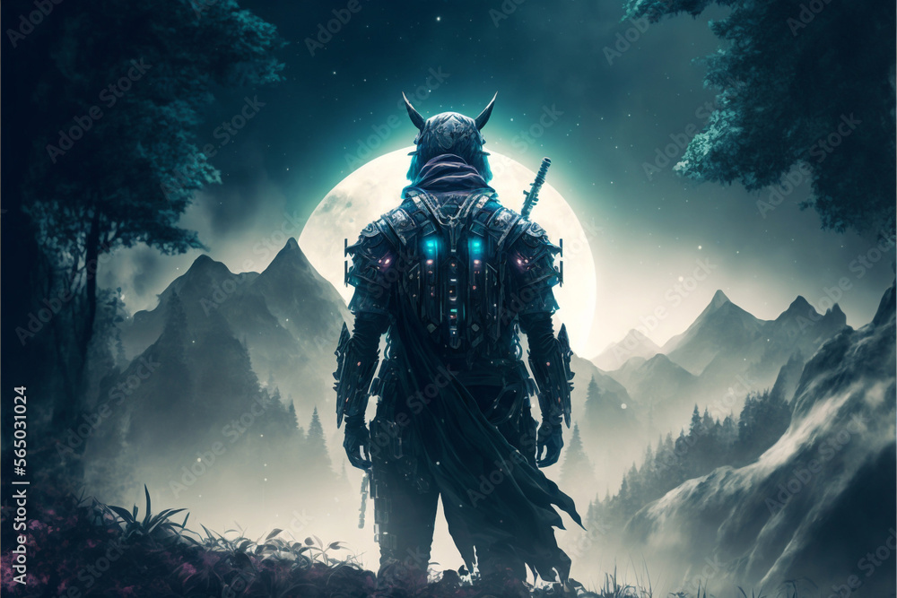 Futuristic Samurai on the mountain with a huge moon , Generative AI