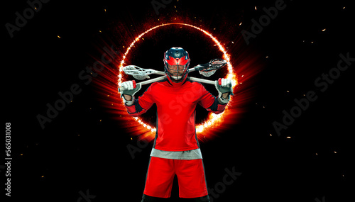 Lacrosse player, athlete. Download photo for sports betting advertisement. Website header. Sports design in red neon glow. Sport and motivation wallpaper.