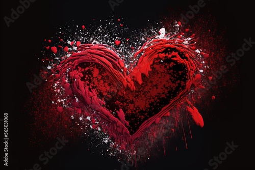  a red heart with splatters and sprays on it on a black background with a black background and a red background with a white heart. generative ai
