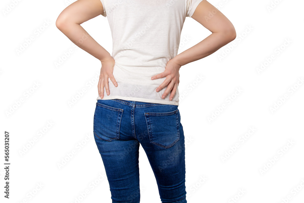 Cropped shot of a young woman back turned holding hands on hips in blue jeans and white shirt on white background. Casual style. Cropped shot of a young woman back turned holding hands on hips in blue jeans and white shirt on white background. Casual style.