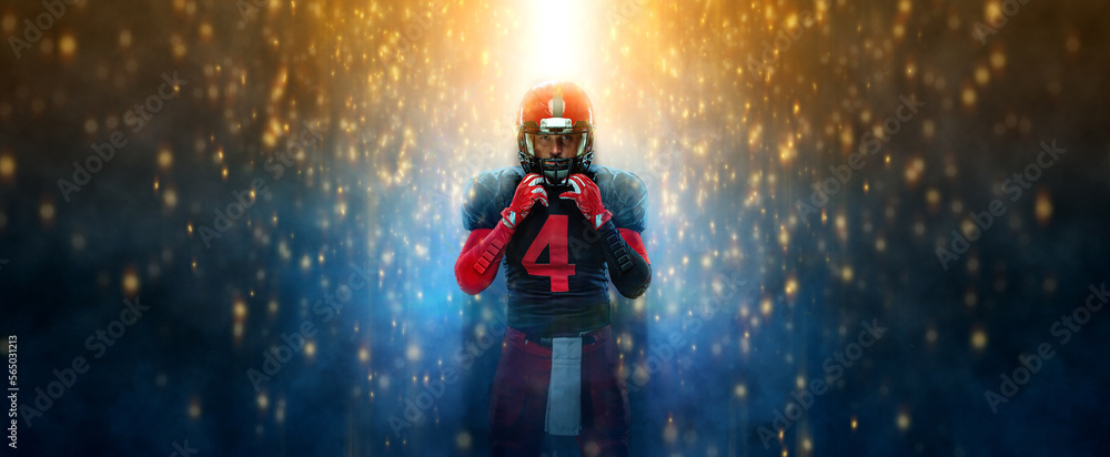 Naklejka premium American football player template. Sport wallpaper with copyspace.. Athlete sportsman on gold background. Download photo for sports betting advertising design.